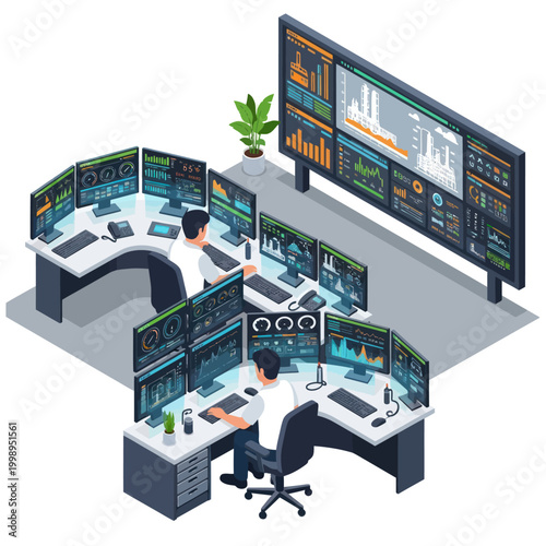 Isometric View of a Modern Control Room with Operators.