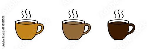 Coffee cup icons set with steam, simple flat design vector illustration of hot beverage mugs in various brown shades for menu or web UI application, isolated on white background.