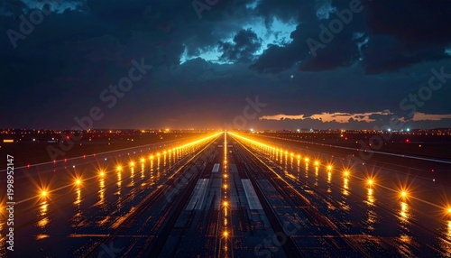 Illuminated airport runway at night guiding aircraft with glowing lights under a dramatic cloudy sky