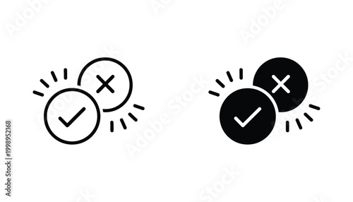 Checkmark and cross symbols in circles with radiating lines indicating approval disapproval outline solid fill vector illustration