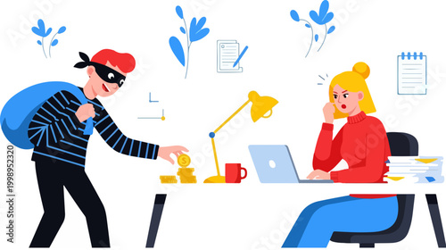 Cybercrime and financial theft concept vector, masked thief stealing money from office desk, woman working on laptop during data breach