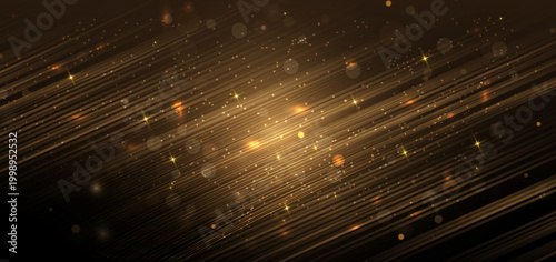 Abstract elegant gold glowing diagonal line with lighting effect sparkle on black background.
