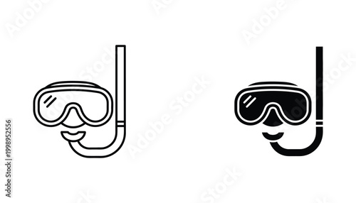 Snorkeling mask and snorkel tube icons in linear and solid styles representing underwater exploration and summer water sports activities