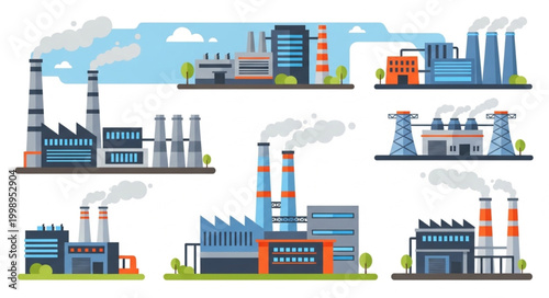 Collection of Industrial Factory Buildings with Smoke Stacks.