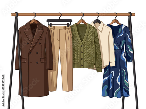 Stylish Autumn Capsule Wardrobe on Clothing Rack Illustration. Fashion Collection with Trench Coat, Cardigan, Trousers, and Dress Isolated on White Background.
