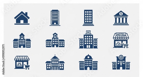 Collection of Building Icons Representing Various Structures.