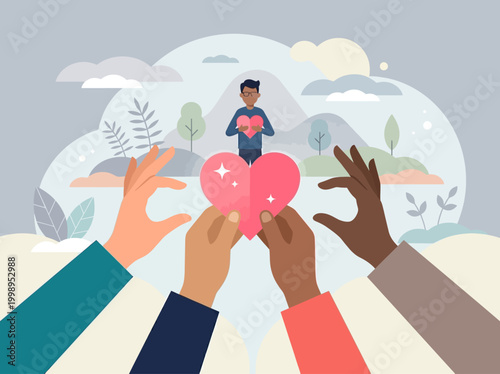Diverse Hands Reaching for a Heart, Community Support and Charity Illustration