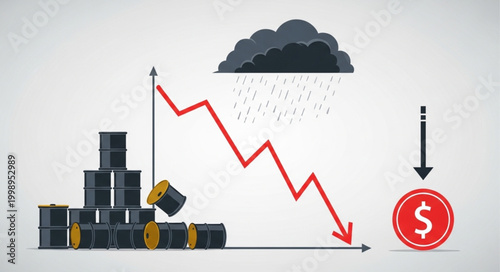 Oil price crash graph with storm cloud and falling dollar symbol.