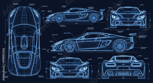 Cuadro en lienzo Detailed Blueprint Schematics of a High-Performance Sports Car.