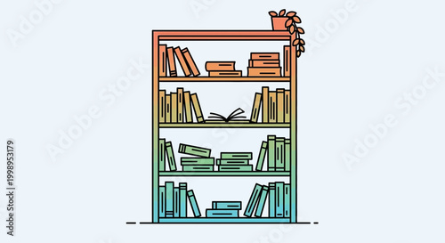 Rainbow Bookshelf Illustration: Organized Literature and Knowledge Display