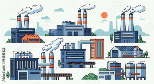 Industrial factory buildings with smokestacks emitting smoke.