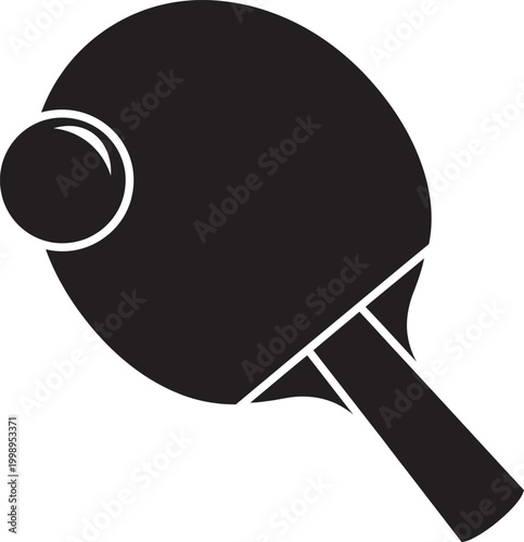 A minimalist black and white flat vector of a table tennis paddle and ball. This clean silhouette graphic represents ping pong, indoor sports, and athletic skill for clubs and recreational gaming.