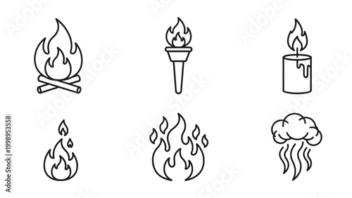 Fire and Flame Icons including campfire torch candle and smoke
