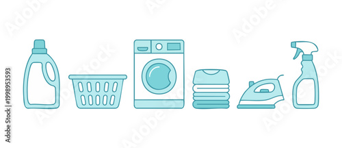 Laundry service icons set, washing machine and cleaning supplies, minimalist vector illustration for housework and chores concept, blue outlined graphics isolated on a white background for design proj