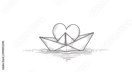 Paper boat carrying a heart on water, hand-drawn sketch, love journey concept