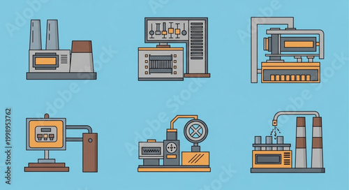 Industrial machinery and equipment icons set.