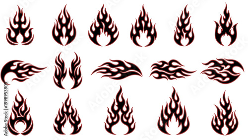 Set of black and red flame tattoos with various shapes and styles