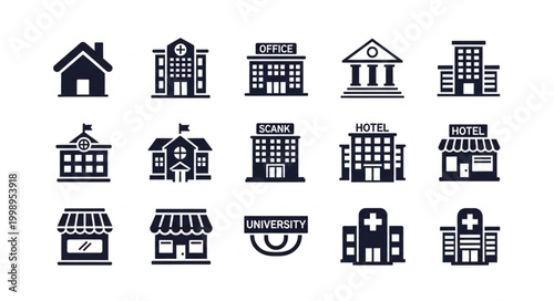 Collection of Building Icons Representing Different Structures.