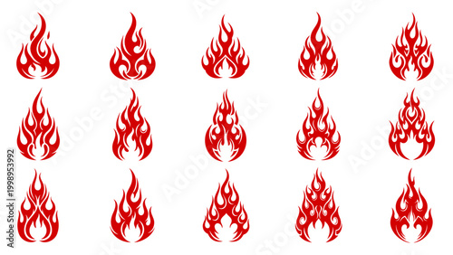 Collection of red flame icons with tribal and stylized designs