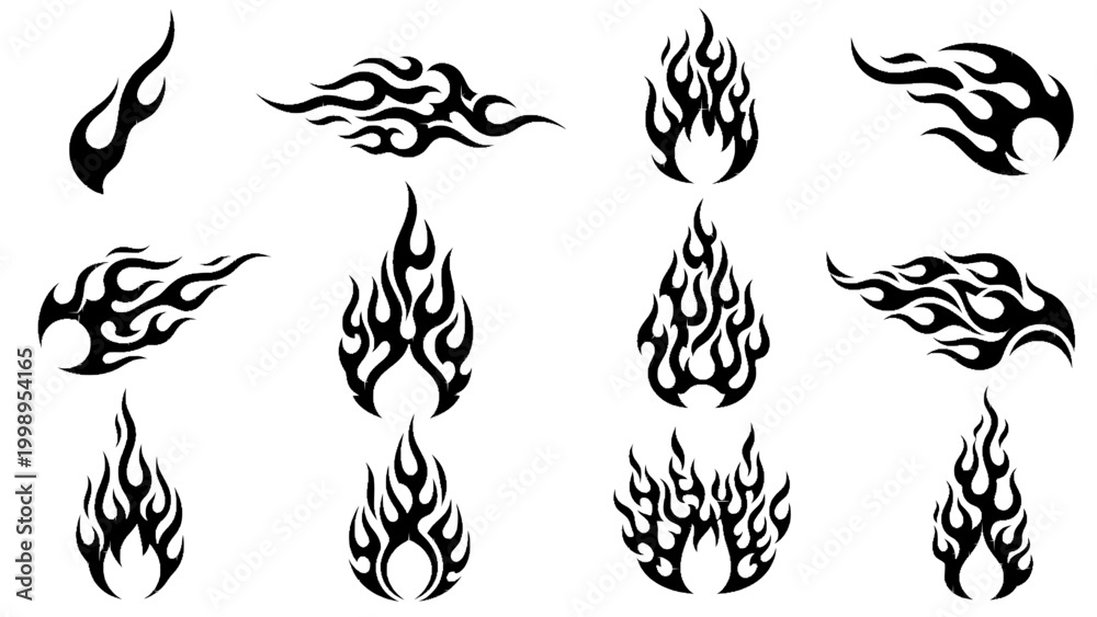 Obraz premium Collection of black flame and fire tattoo designs with tribal and abstract styles