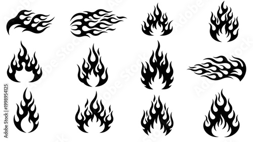 Collection of black flame icons with various shapes and styles