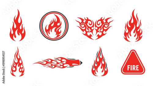 Collection of fire and flame icons with warning sign for fire safety