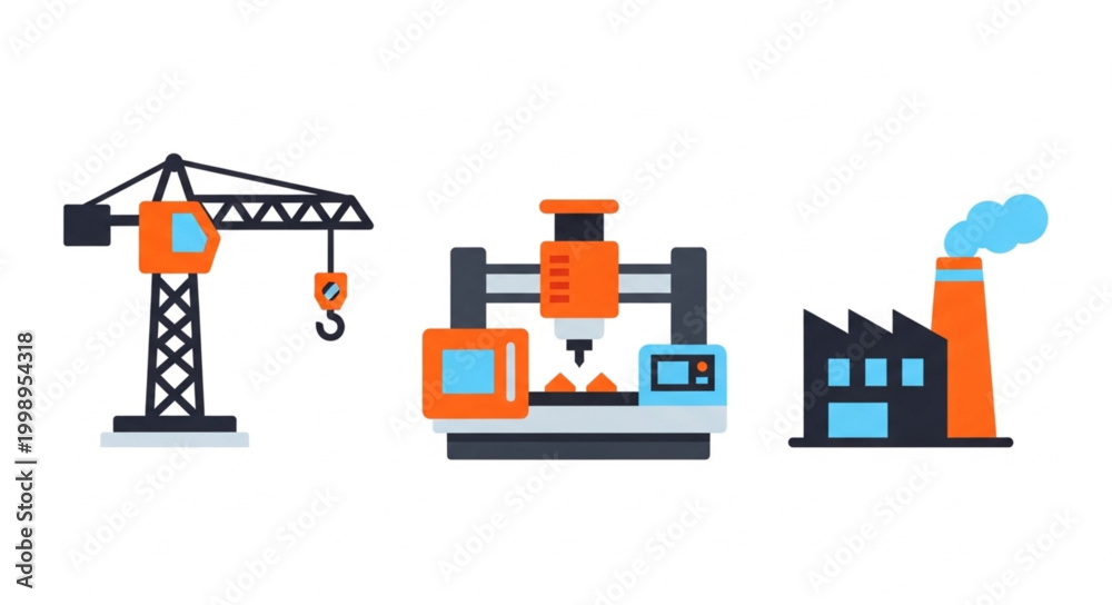Fototapeta premium Industrial machinery and factory icons set.