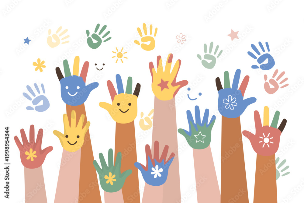Fototapeta premium Diverse children's hands raised up, covered in bright paints with cute hand-drawn symbols like smiles and stars. Unity, creativity and joy. Art, education multiethnic world.