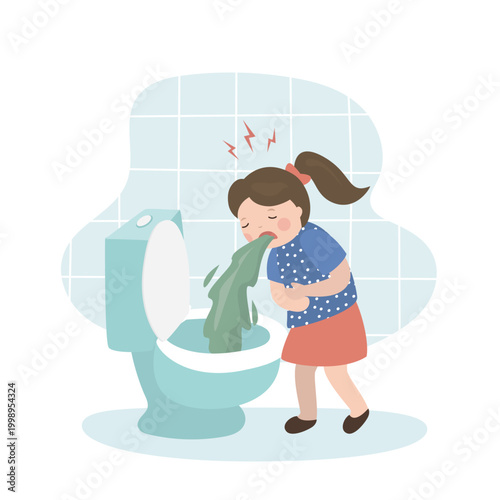 Child vomits into the toilet. Sick kid vomiting on white background. Nausea throwing up from food poisoning or illness. Little girl feel sick