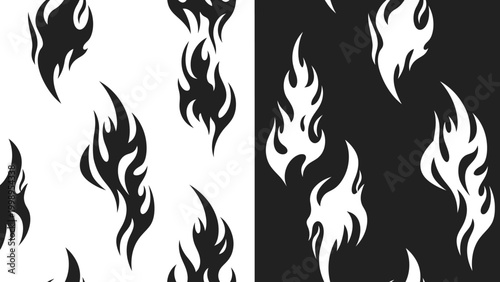 Black and white flame patterns with abstract fiery design