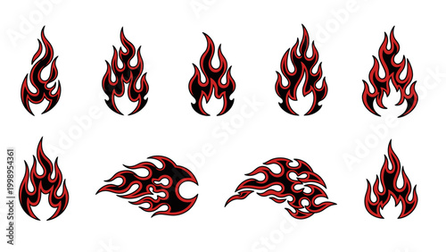 Flame Tattoo Design Set with Various Fire Shapes and Styles