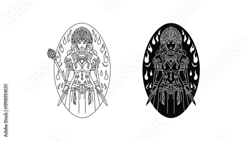 Mythological goddess warrior illustration with sword and mace in ornate oval frame