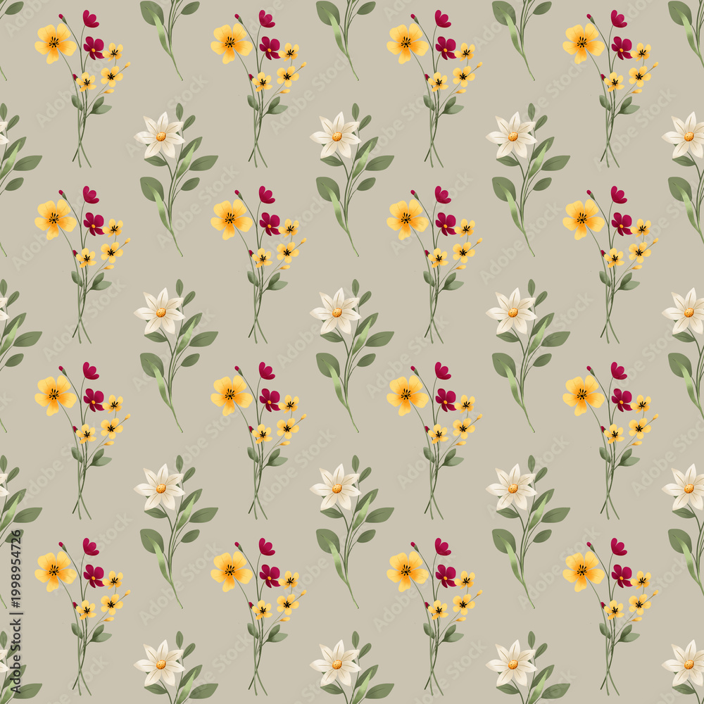Obraz premium Seamless beige pattern with watercolor flowers, repeat floral texture, paper, background hand painting. Perfectly for wrapping paper, wallpaper, fabric and other printing.