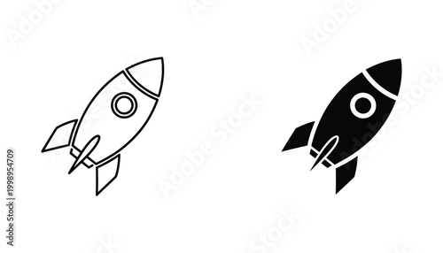 Rocket launch ship icon set featuring futuristic spacecraft design in thin line art and solid black silhouette for startup growth innovation technology and space exploration business themes