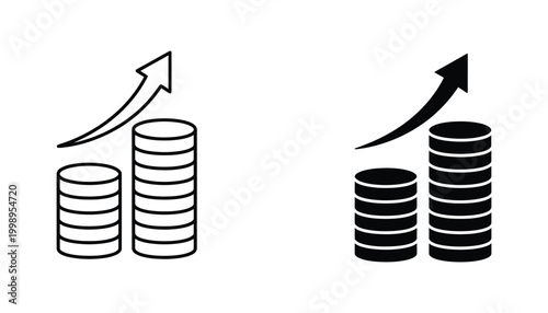 Increasing coin stack graph icon set showing financial growth and profit accumulation in outline and solid black glyph style for investment banking business reports and economic analysis