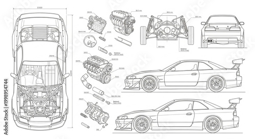 Detailed Blueprint of a Sports Car and Engine Components.