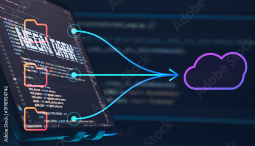 Obraz na płótnie Cloud migration and data backup concept. Holographic folders transferring files to a cloud icon over a computer screen with programming code. Web banner.