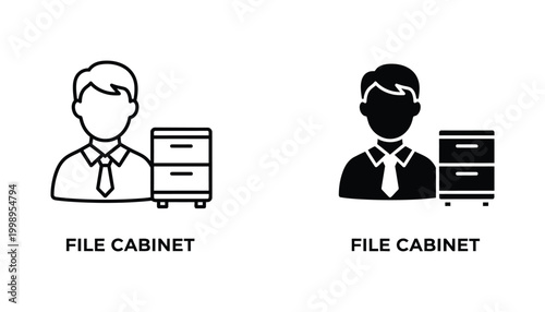 Business professional man with a tie standing next to a file cabinet representing office work and administration vector graphic