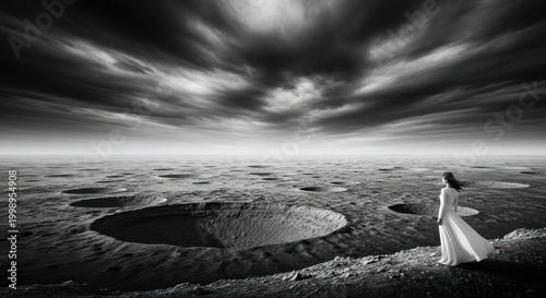 Black & white photo of a woman in a white dress gazing at a vast, cratered landscape