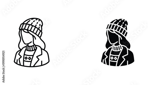 Stylish young woman vector icon wearing a cozy beanie hat and a warm winter jacket casual fashion