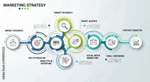 Marketing strategy infographic with seo optimization and analytics reporting
