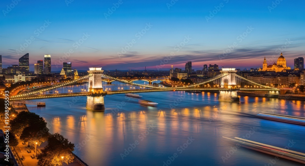 Fototapeta premium Iconic Chain Bridge Illuminated at Dusk Over Danube in Budapest.