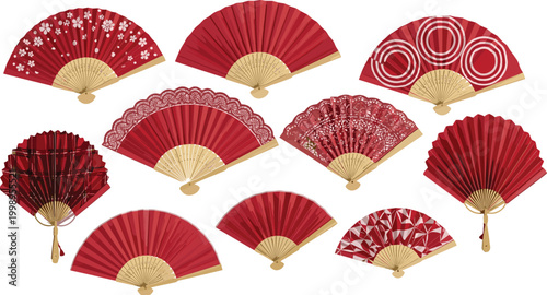 Traditional asian folding hand fans collection red decorative patterns vector illustration oriental accessory set for cultural festival and design