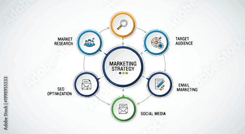 Marketing strategy concept with various digital marketing elements
