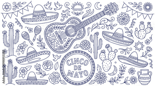 Cinco de mayo line drawing with guitar, sombreros, cacti and flowers.