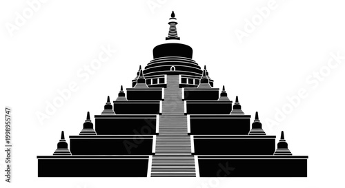 Ancient Buddhist Stupa Temple Architecture Black and White Illustration.