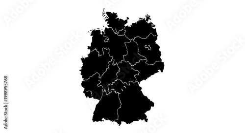 Detailed Black Silhouette Map of Germany with State Borders.