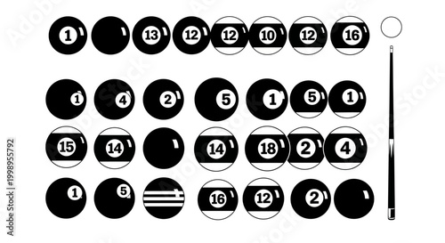 Monochromatic billiard balls and cue stick vector illustration.