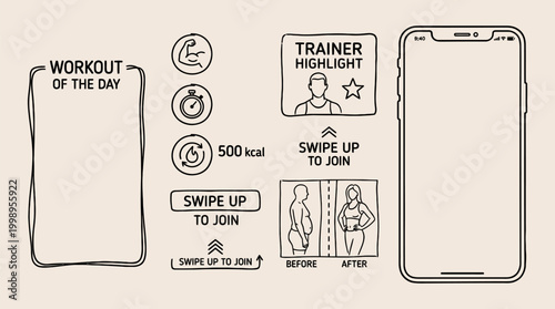 workout of the day fitness app interface wireframe sketch with trainer highlight swipe ui ux mobile design template before after transformation