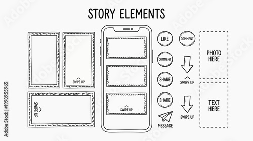 social media story elements wireframe template with editable frames icons buttons and placeholders for mobile app interface design user experience layout concept